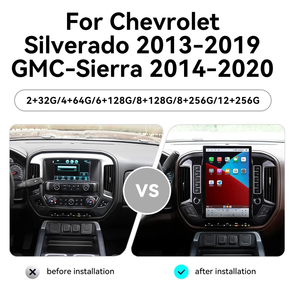 GMC Sierra / Chevrolet Silverado (2014-2019) 14.5 İnç Dikey Tesla Tarzı Android 14.0 Multimedya Sistemi