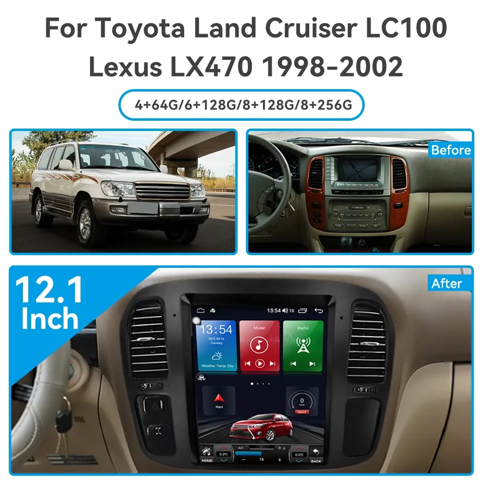 Lexus LX470 / Toyota Land Cruiser LC100 (1998-2003) 12.1 inç Tesla Stil Android 13 Multimedya ve Navigasyon Sistemi