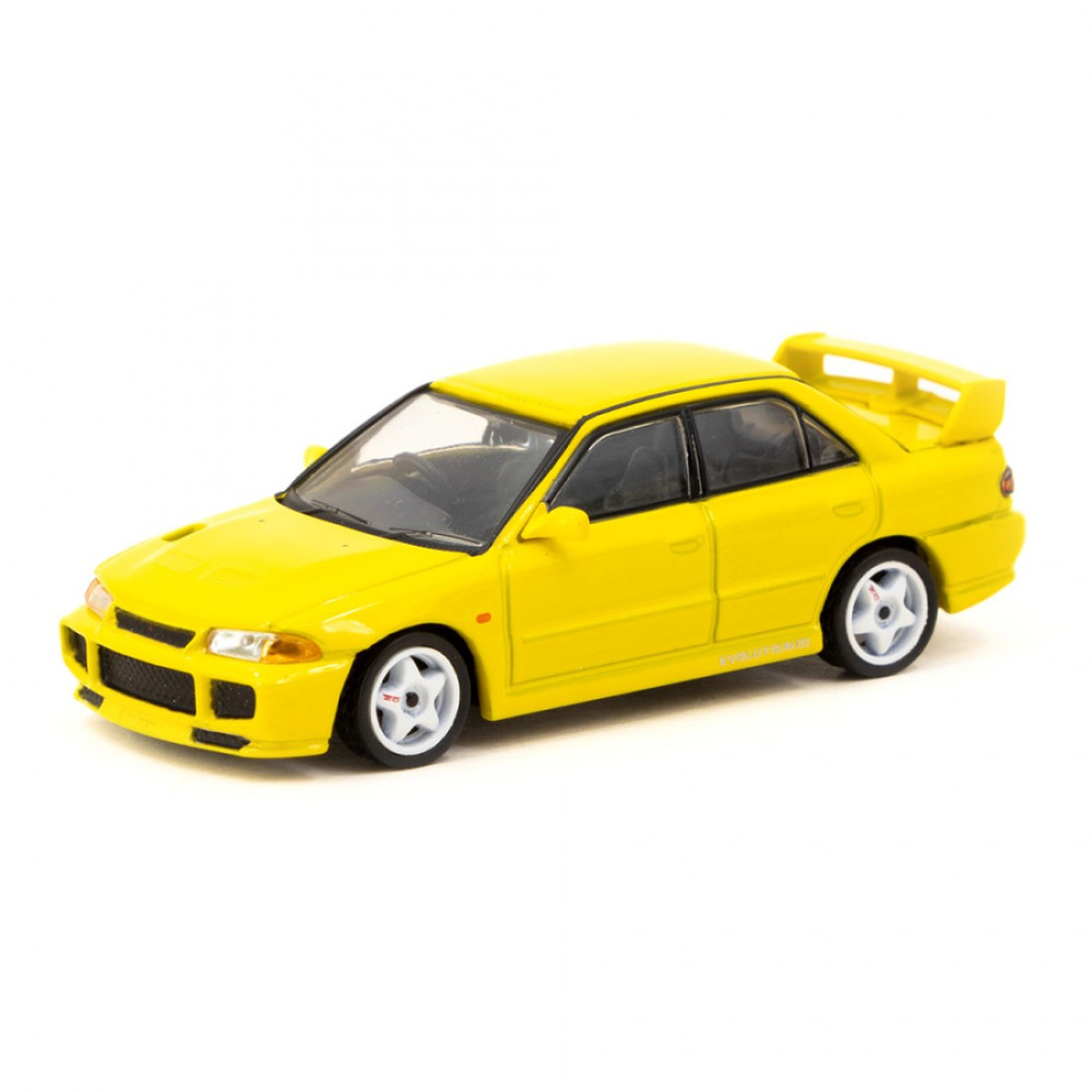 Tarmac Works 1/64 Mitsubishi Lancer GSR Evolution III Yellow – JDM Ruhu ve Koleksiyon Kartı Seti