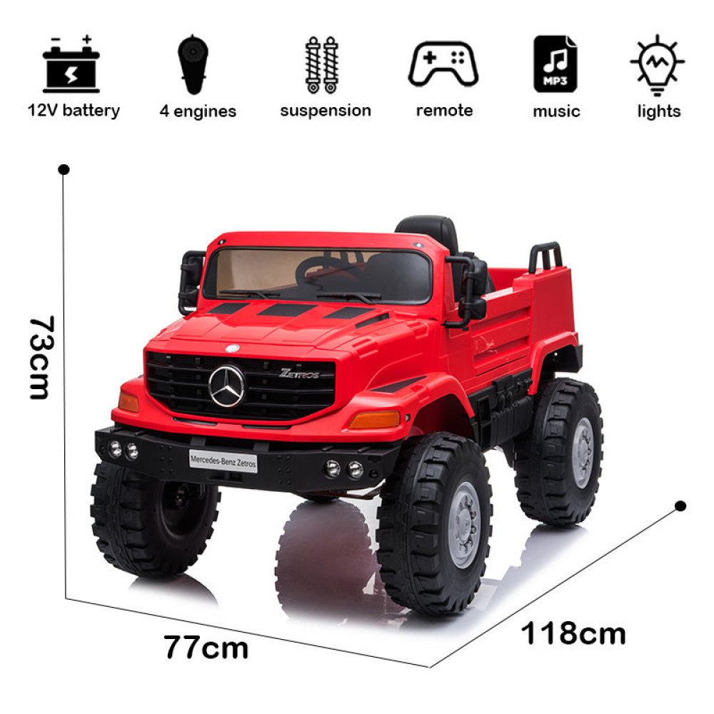 12V Licensed Mercedes-Benz Zetros - Orijinal Lisanslı, Dev Arazi Kamyonu, Çift Kişilik, Eva Tekerlekli, Amortisörlü ve Uzaktan Kumandalı Akülü Tır
