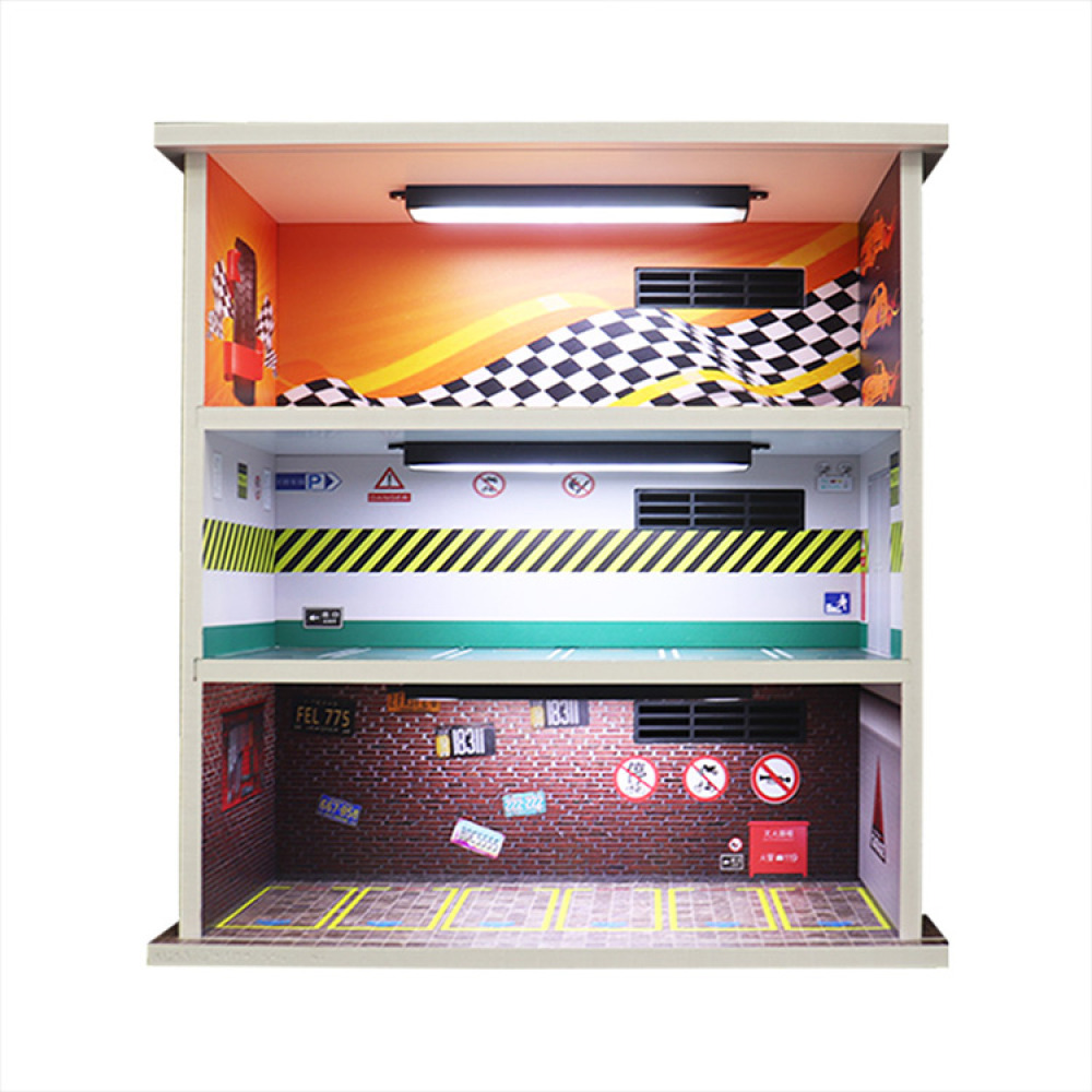 1/64 Ölçekli 3 Katlı LED Aydınlatmalı VIP Garaj Dioraması – Küçük Devler İçin Katlı Sergi Sarayı