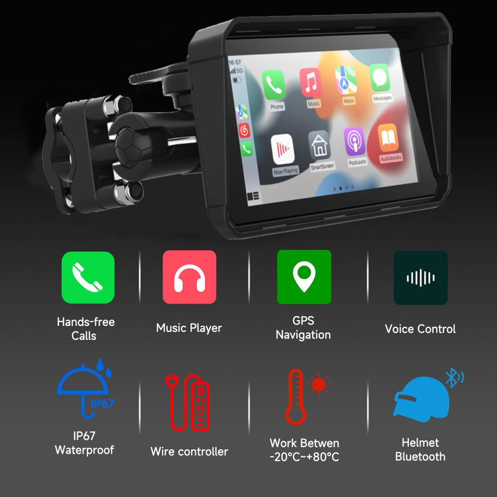 5.5 inç dokunmatik ekran kablosuz Carplay monitör Android oto GPS navigasyon çift Bluetooth Siri ses kontrolü için motosiklet