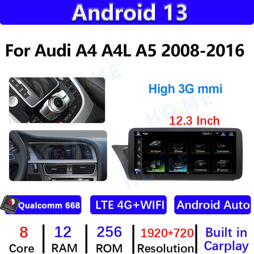 Audi A4 A5 A4L 12.3 inch Android 13 - CarPlay - Android - GPS Navigasyon - Multimedya Ekran 2008-2016