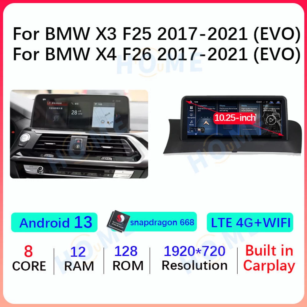 BMW X4 F26 10.25/12.5 inch Android 13 - CarPlay - Android - GPS Navigasyon - Multimedya NBT Ekran 2017-2021