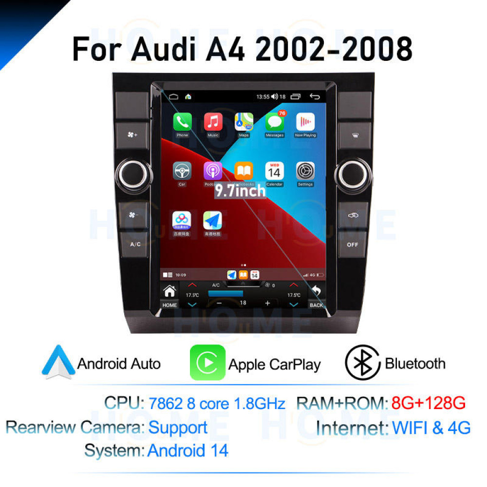 Audi A4  9.7 inch Android 14 - CarPlay - Android - GPS Navigasyon - Multimedya Ekran 2002-2008