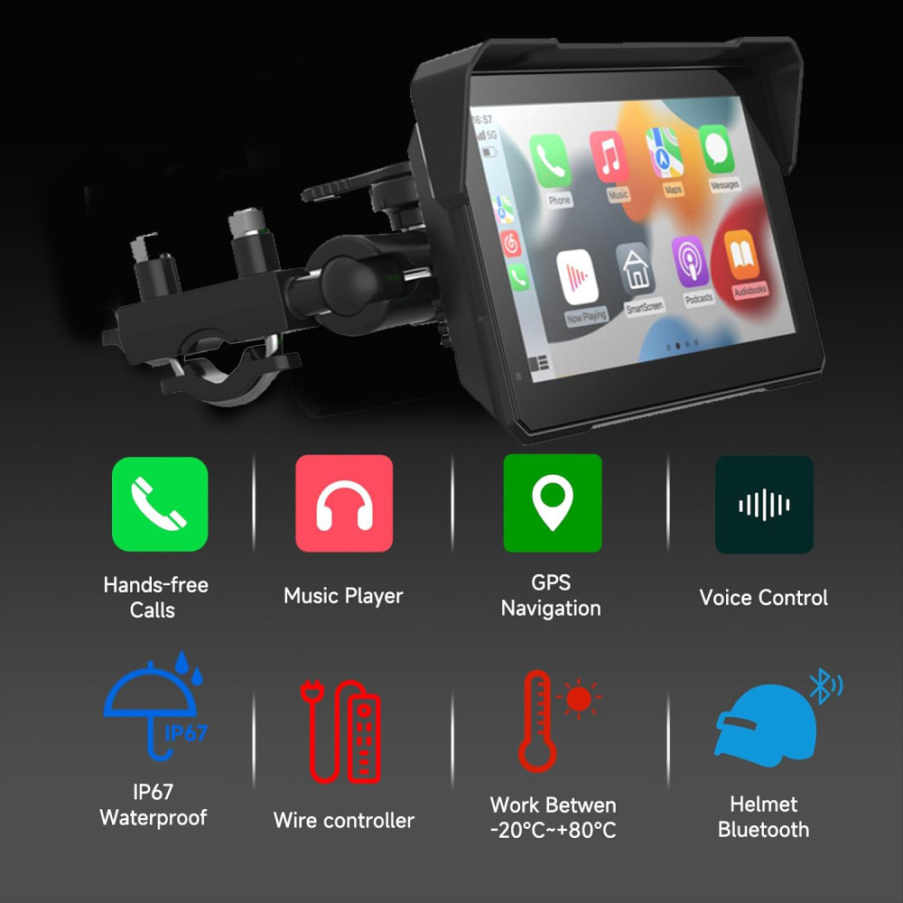 Dokunmatik Ekran- DVR kayıt- Bluetooth motosiklet- Android Motosiklet Navigasyon GPS ve Müzik İçin 7 İnç Kablosuz Carplay Monitör