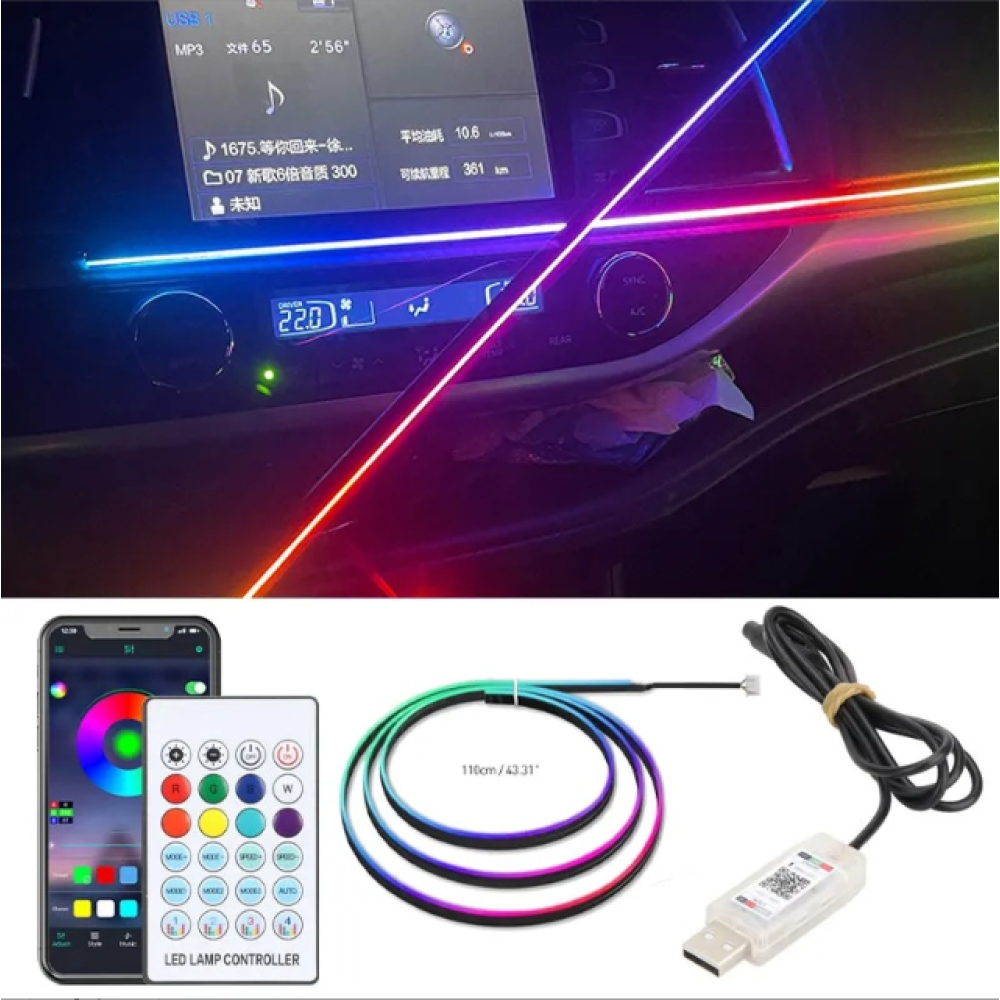 Araç İçi Işık Şeridi - USB Fiber Optik Dekoratif RGB 64 Renk, Çok Modlu Neon Işık Bar, Ses Kontrollü 2'si 1 Arada