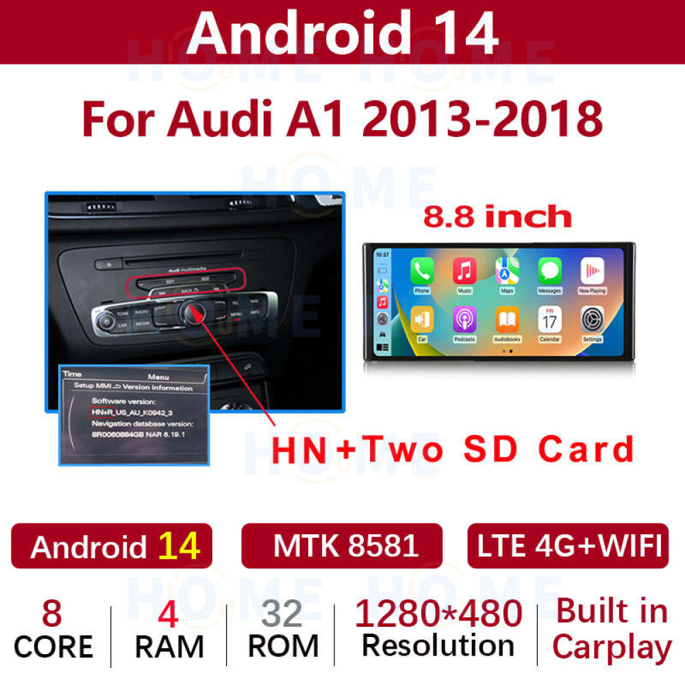 Audi A1 8.8 inch Android 14 - CarPlay - Android - Google Play Store - GPS Navigasyon - Multimedya Ekran 2013-2018