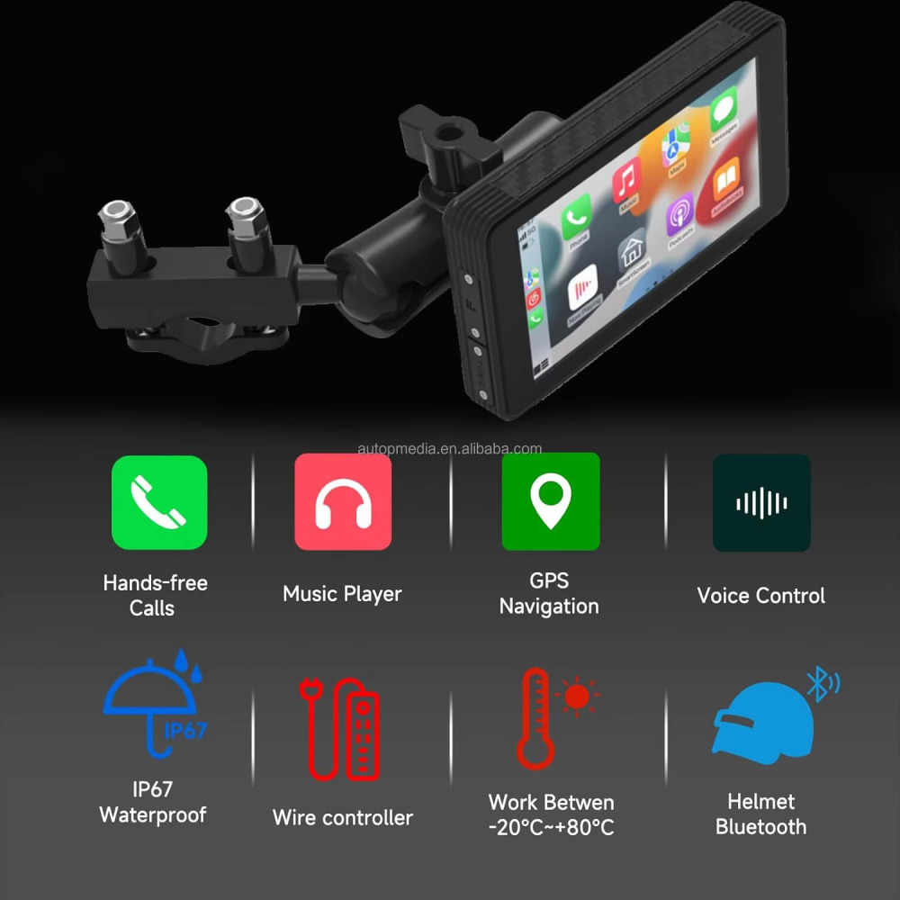 5 inç Dokunmatik Ekran Carplay Monitör Bluetooth Siri Ses Kontrolü Motosikletler İçin Kablosuz Android Oto GPS Navigasyon