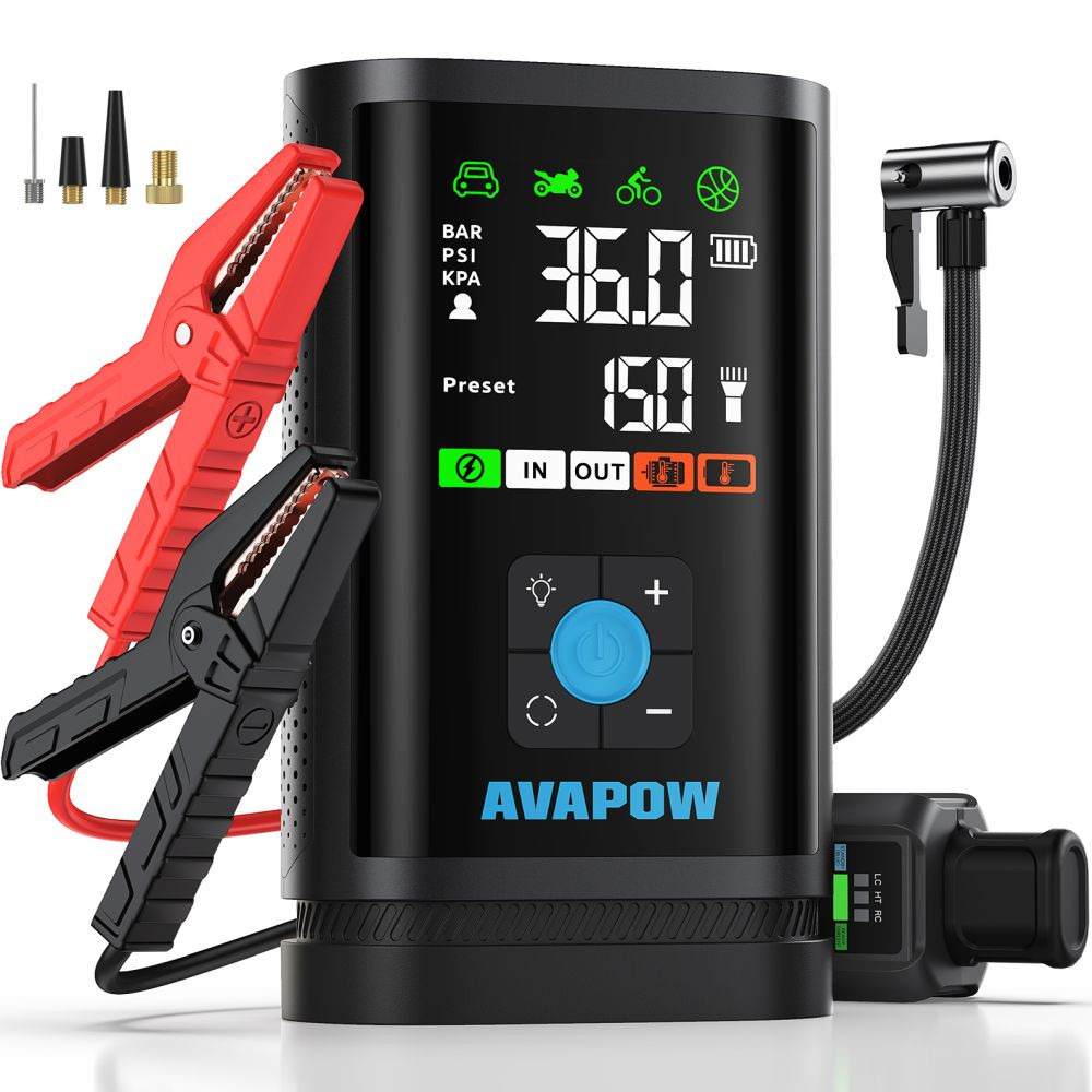 Avapow JP3 16000mAh 3000A Zorla Çalıştırma İşlevli & Lastik Şişirme Pompalı Jump Starter Taşınabilir Akü Takviye Kiti (Powerbank-PD30W + LCD + LED Işık)