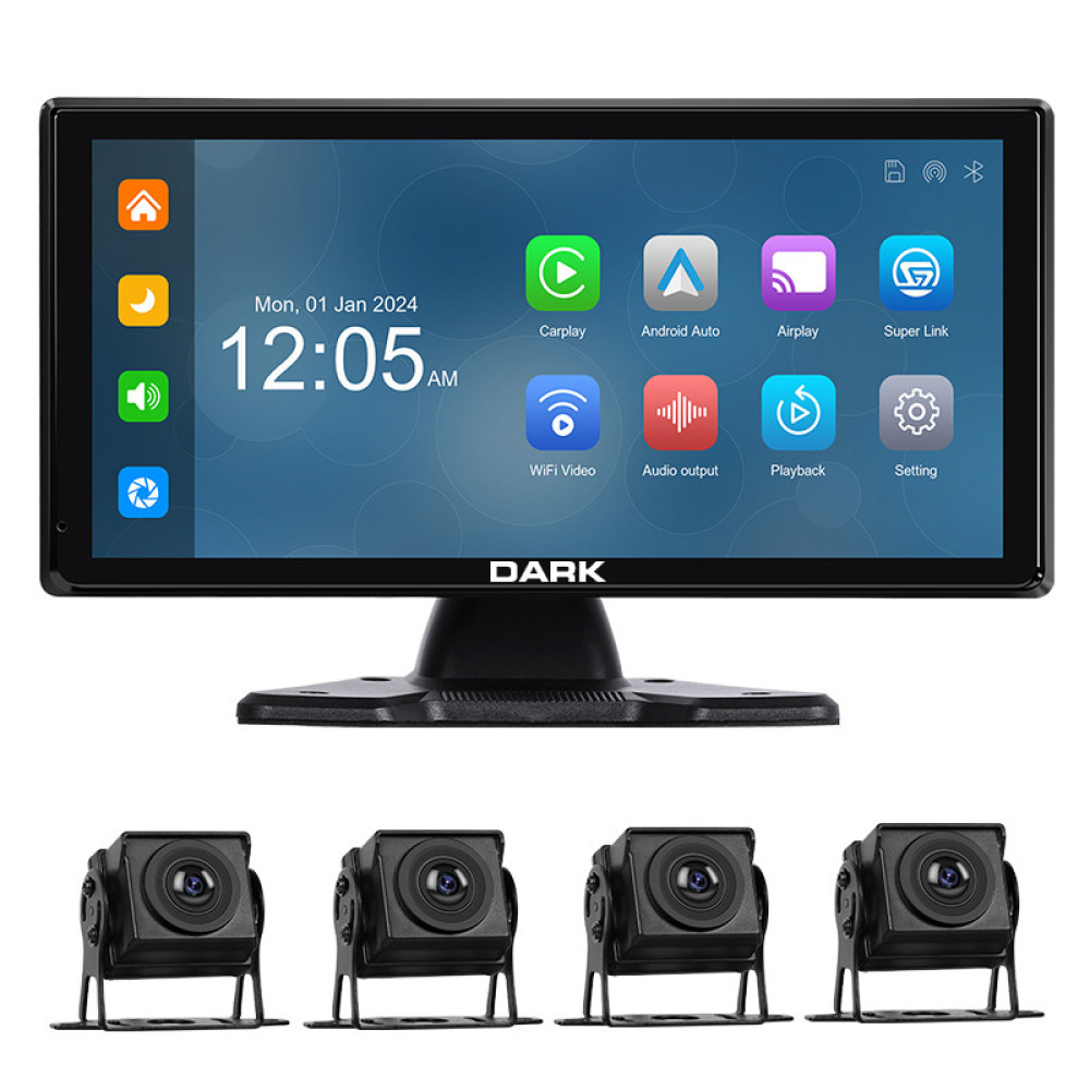 Dark 10.36 Kamyonet, TIR, Karavan, Büyük Araçlar için Apple CarPlay & Android Auto, Ekran Yansıtma, 360° Panaromik Sistem 4 Kameralı Torpido Üstü Araç Multimedya Ekranı