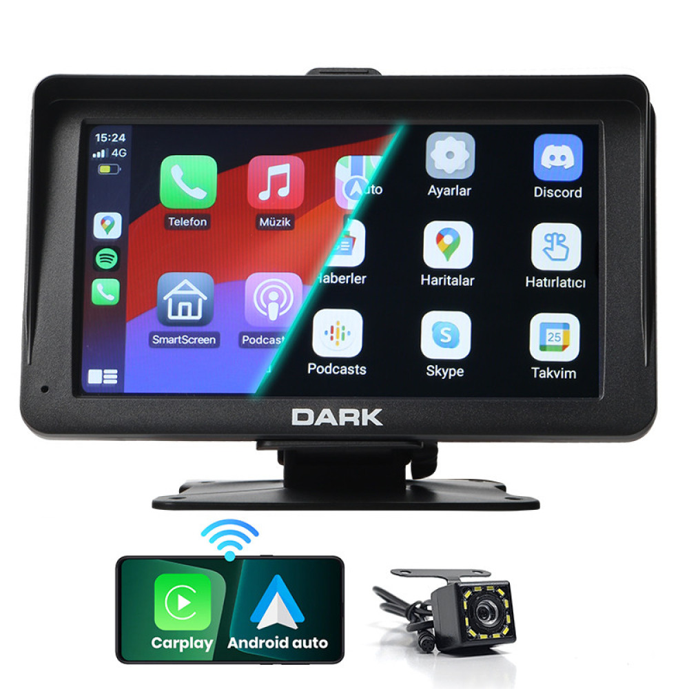 Dark 7 Taşınabilir, Kablosuz Apple CarPlay & Android Auto, Airplay ve Android Cast, Arka Kameralı Torpido Üstü Araç Ekranı 
