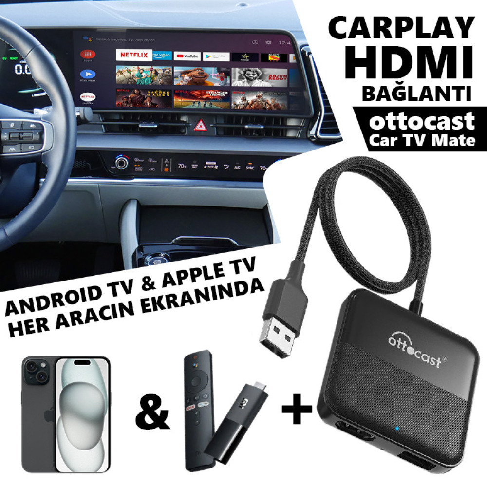 Ottocast Car Tv Mate Araç Multimedya HDMI Bağlantı Kiti (TV Box / Dongle / Laptop / Mini PC / Telefon)